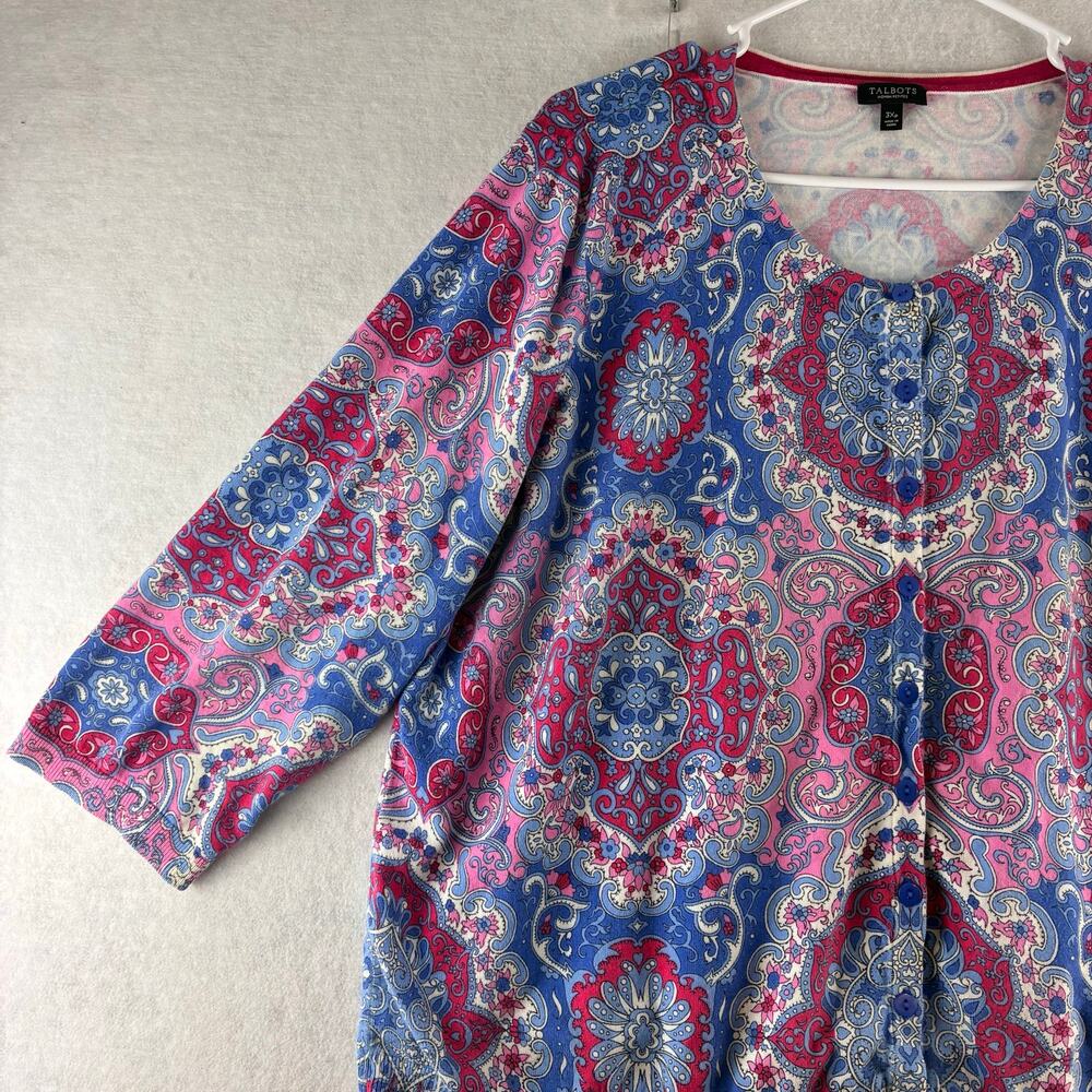 Talbots Button Up Cardigan Sweater Womens 3XP 3/4 Sleeve Boho Medallion AOP READ - Picture 3 of 11